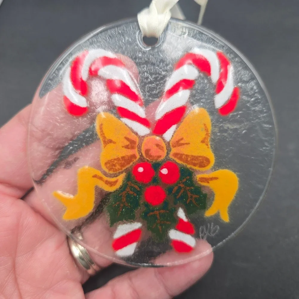 Peggy Karr Glass Candy Cane Holly Fused Glass Christmas Ornament Suncatcher USA